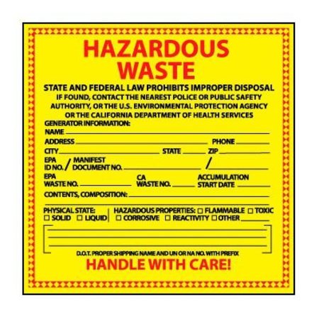 NATIONAL MARKER CO Hazardous Waste Vinyl Labels - State of California HW15